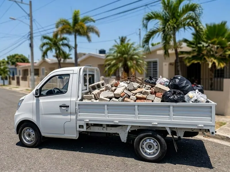 Camion propio de Acarreos Capital cargado de escombros de construccion en una calle de Santo Domingo