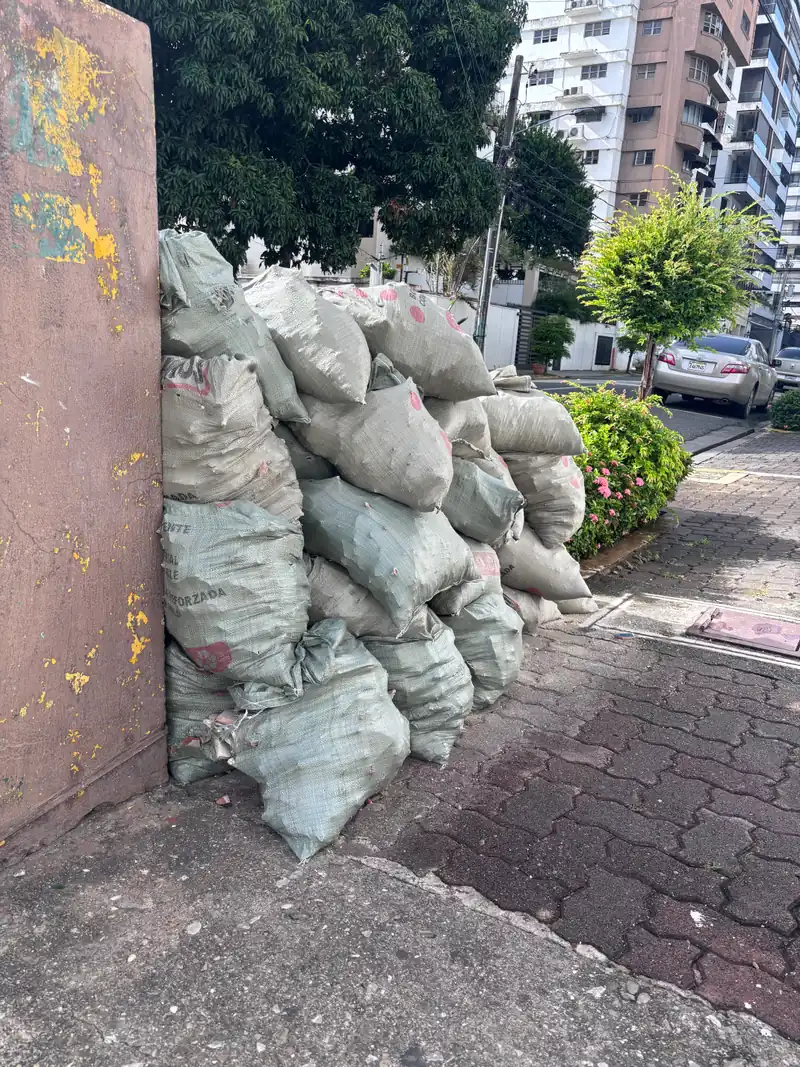 Escombros de construccion ensacados en la acera de una calle del sector Naco, Santo Domingo